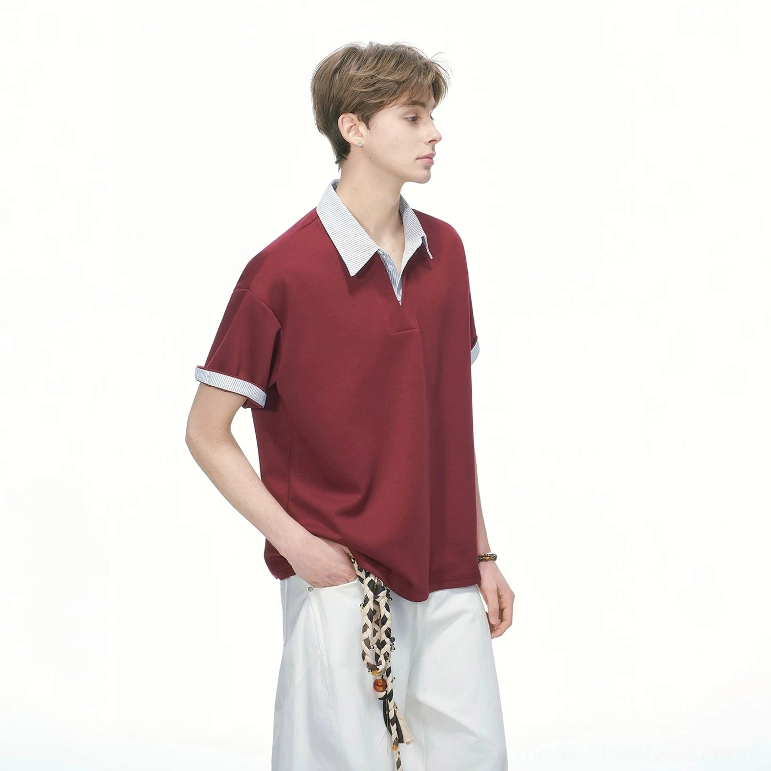 Claret red oversized knit polo tee with white layered shirt collar and relaxed Korean fashion silhouette