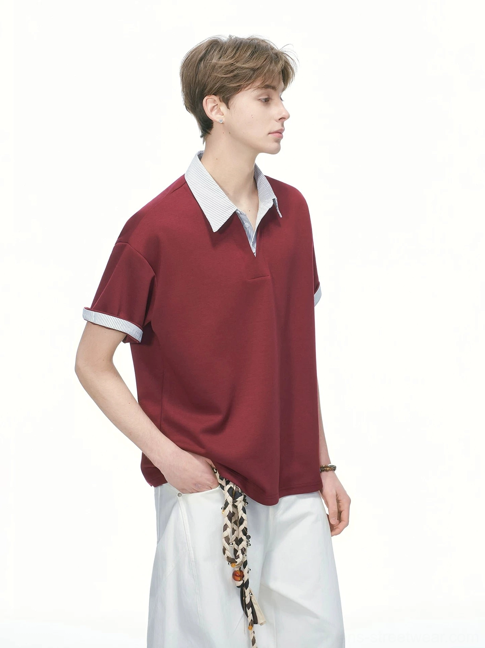 Claret red layered collar oversized knit polo tee with white contrast collar shown on male model