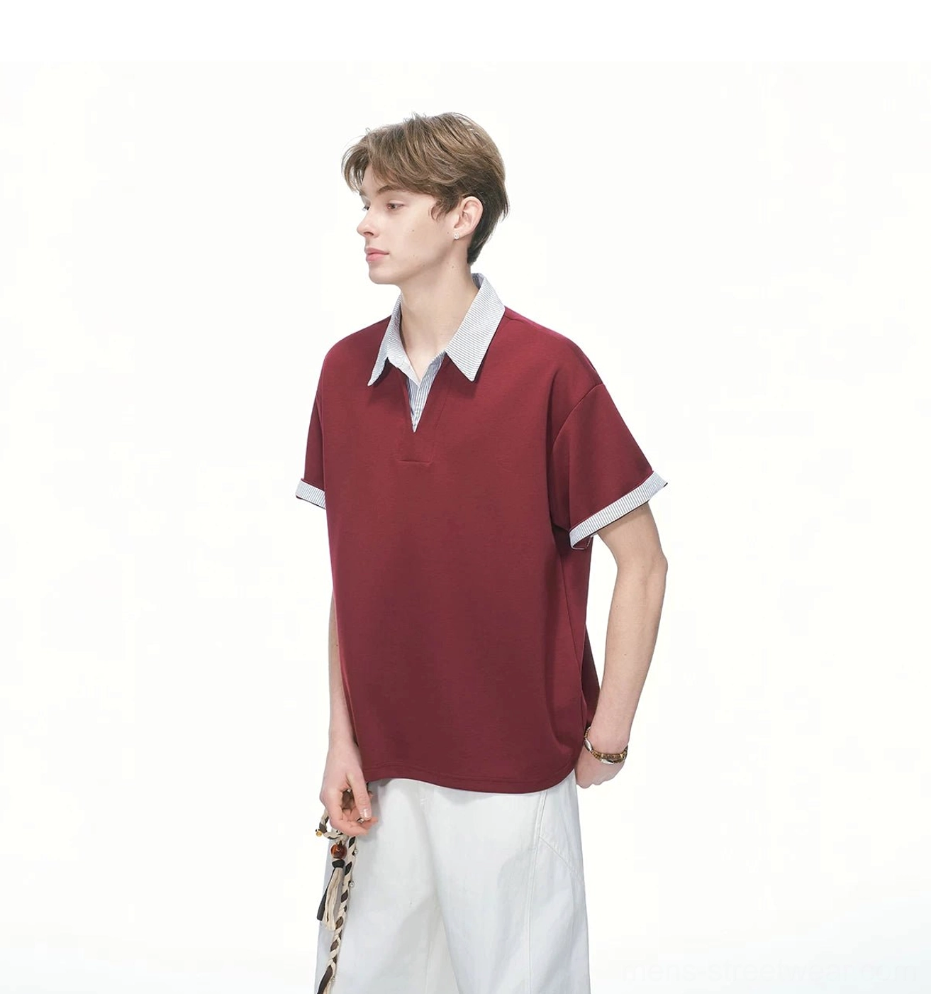 Claret layered collar oversized knit polo tee with white contrast collar Korean streetwear product view