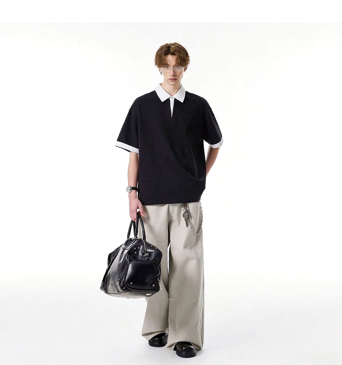 Layered collar oversized knit polo tee with contrast woven collar and cuff construction detail