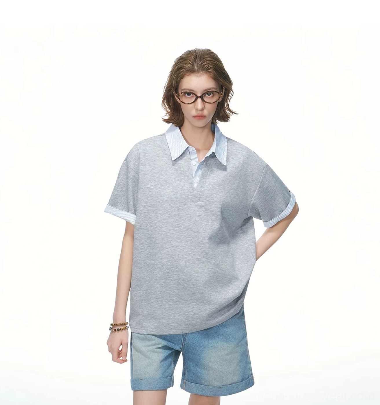 Heather grey contrast collar oversized knit polo tee with relaxed boxy streetwear silhouette front view