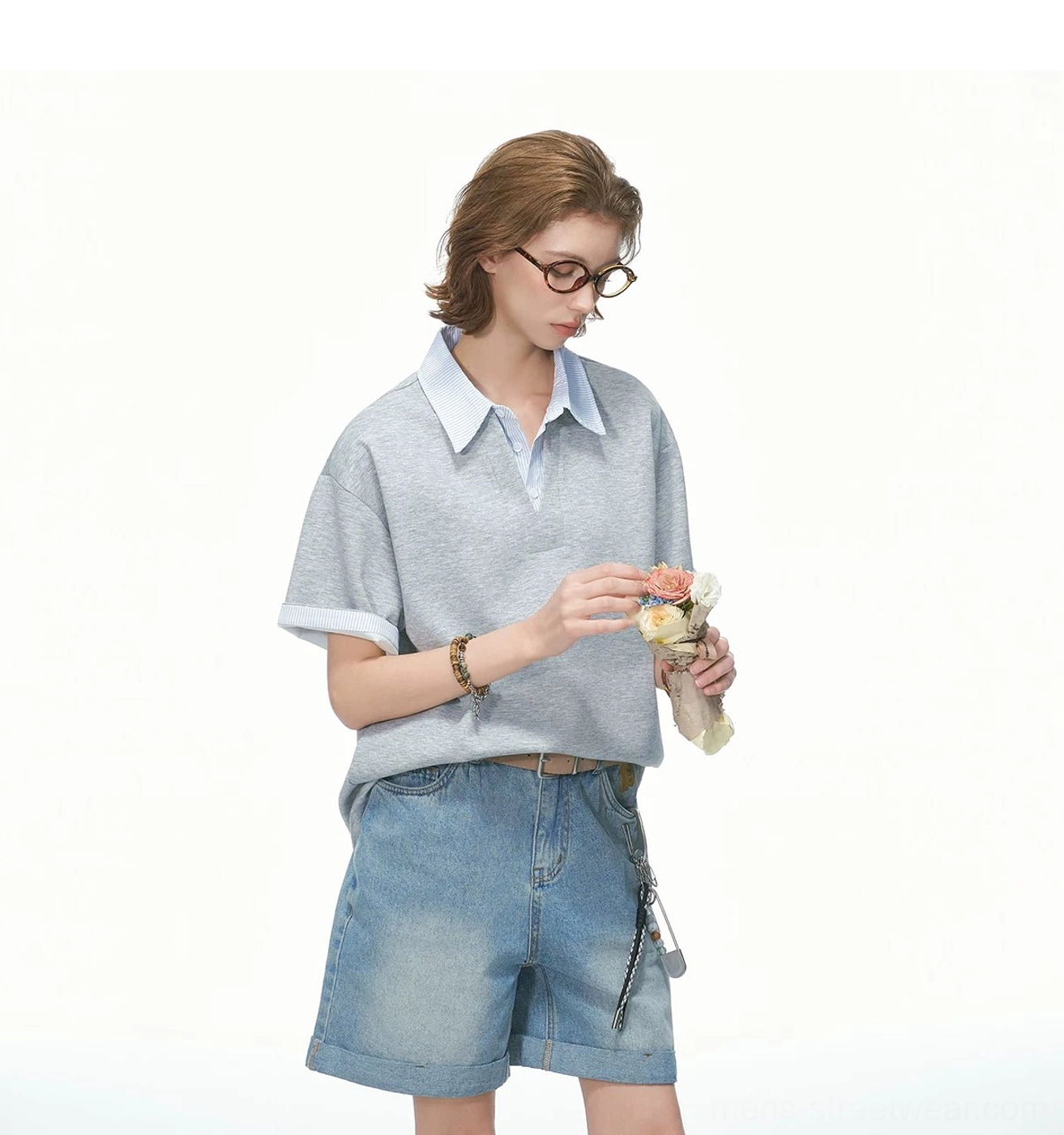 Heather grey layered collar knit polo tee with contrast cuffs styled as a relaxed Korean streetwear top