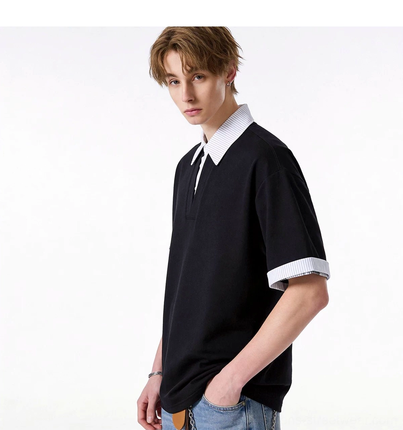 Layered collar oversized knit polo tee Korean streetwear design detail and relaxed short sleeve silhouette