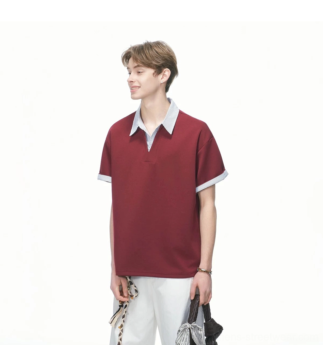 Oversized layered collar knit polo tee relaxed boxy fit Korean casual fashion product view