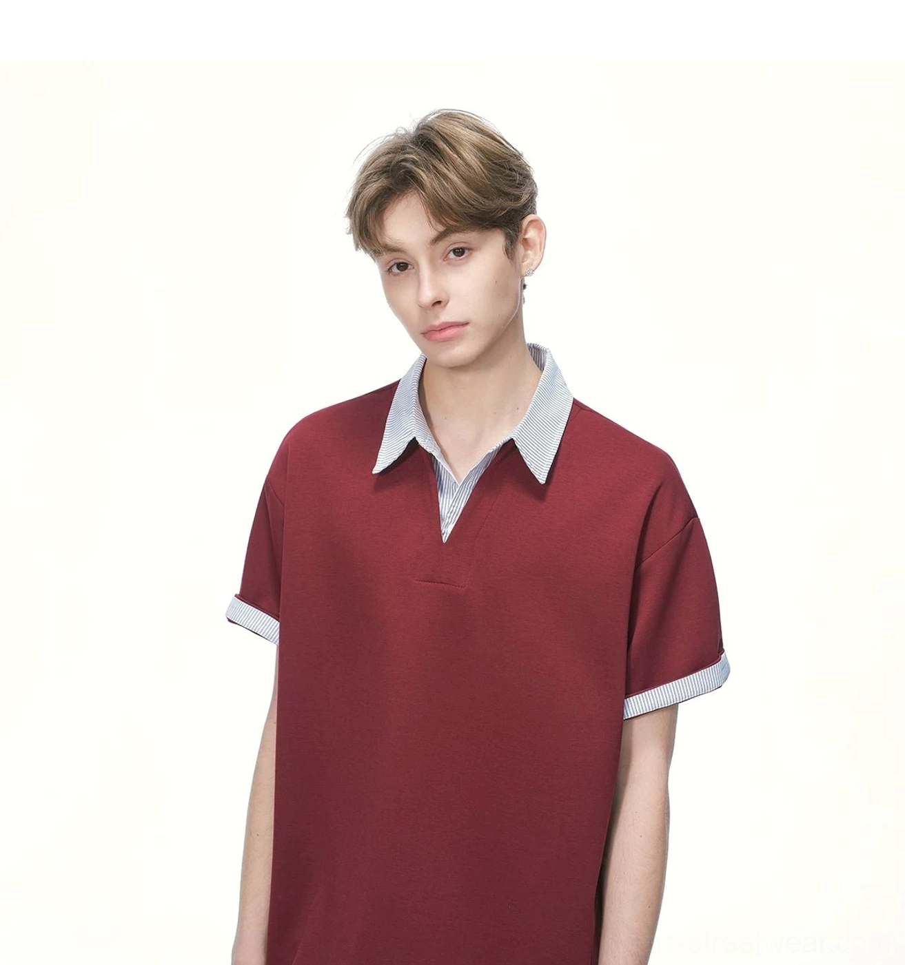 Korean streetwear oversized knit polo tee with striped layered collar and dropped shoulder fit