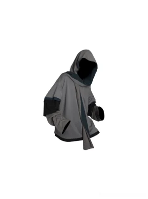 Back view of layered color block hooded sweatshirt showing gray attached hood black rear panel red hem trim and loose split sleeves