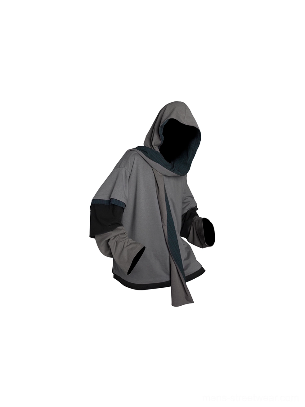 Back view of layered color block hooded sweatshirt showing gray attached hood black rear panel red hem trim and loose split sleeves