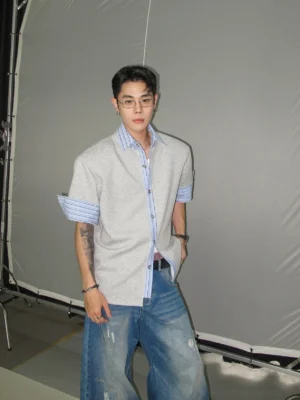 Heather gray layered contrast stripe oversized short sleeve button shirt front full body studio view