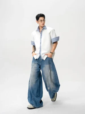 White layered contrast stripe oversized short sleeve button shirt front full body studio view