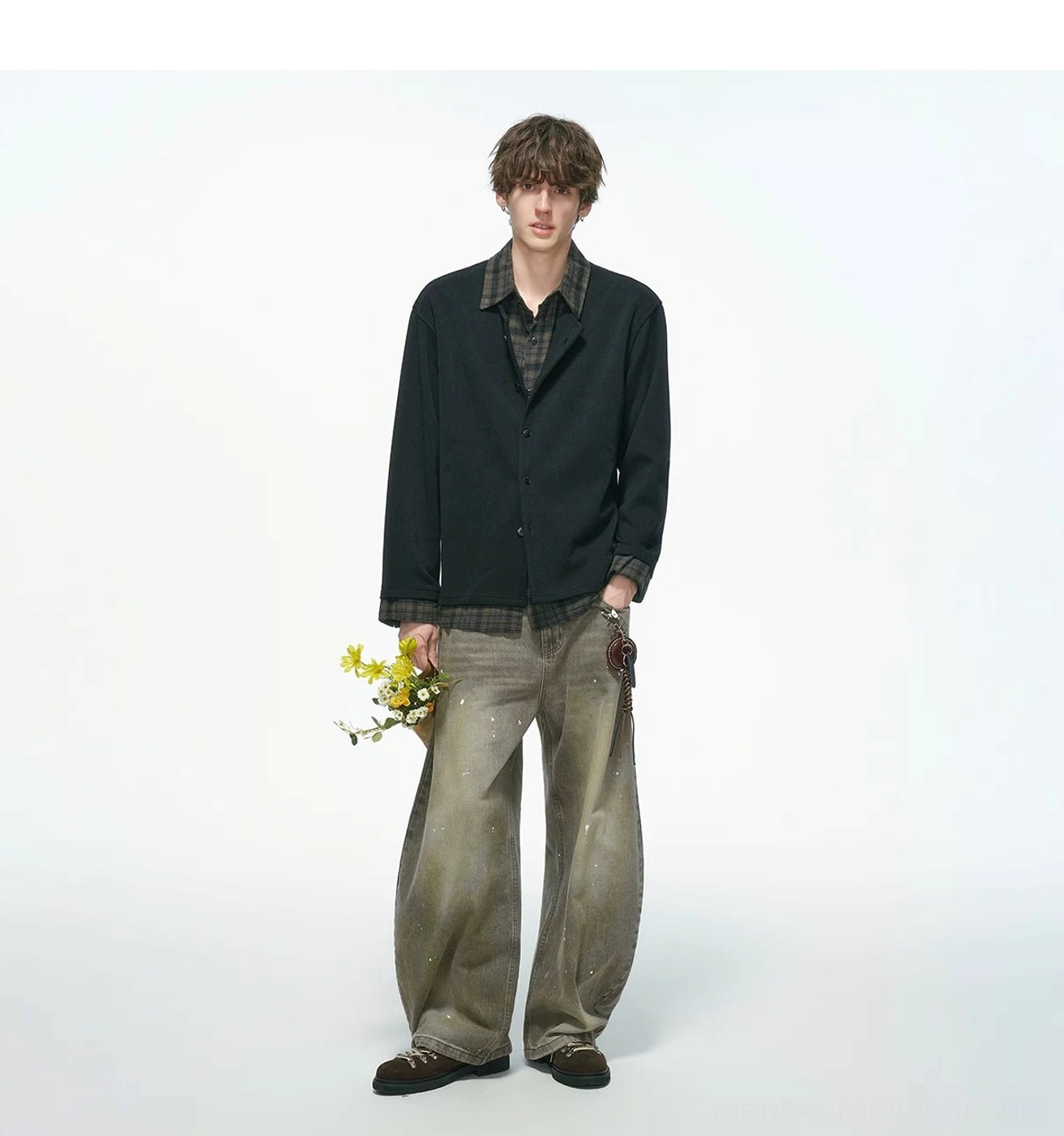 Layered knit shirt jacket with contrasting plaid collar and cuffs designed for casual Seoul fashion looks