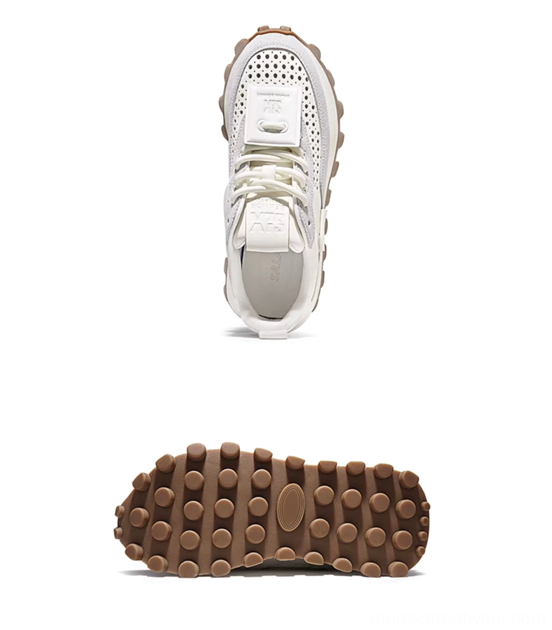 Rear three-quarter view of layered leather retro running shoes with heel pull tab, stacked cushioning midsole, and textured tan traction outsole