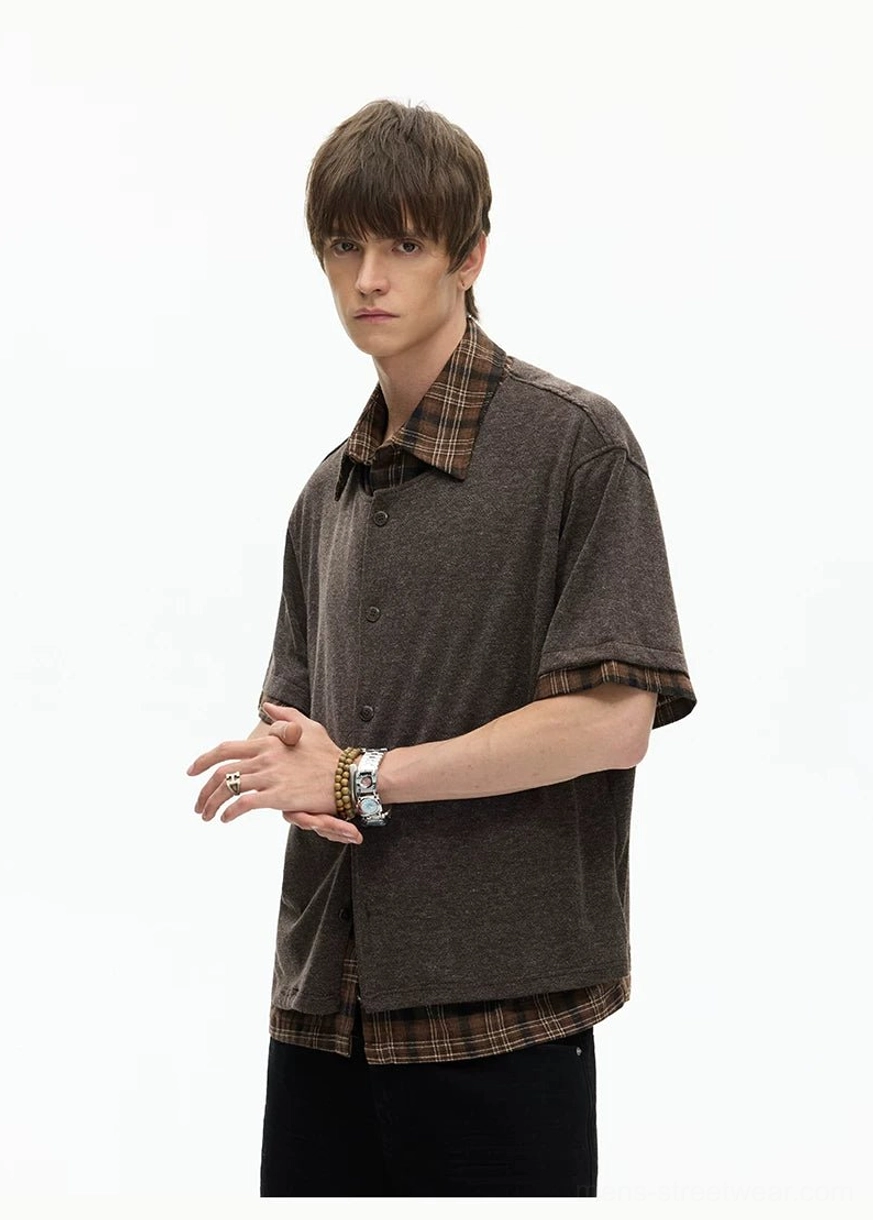 Layered plaid hem knit shirt Korean streetwear cardigan with relaxed short-sleeve silhouette