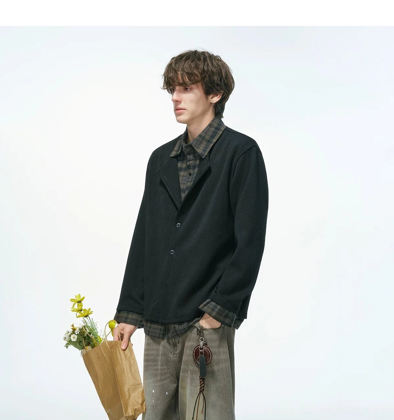 Casual layered plaid knit shirt jacket designed for wide-leg denim and contemporary Korean fashion