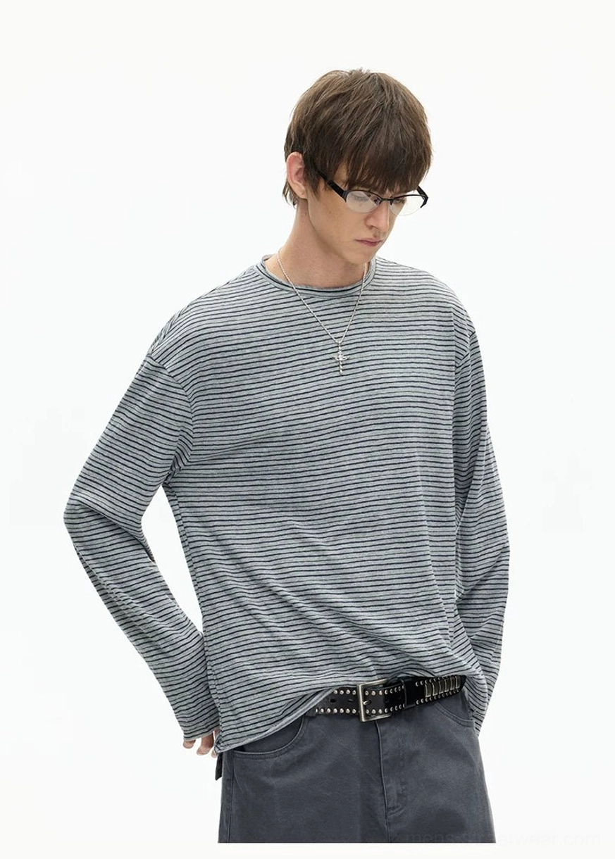 Layered stripe long sleeve tee in a relaxed Korean streetwear silhouette for modern casual outfits