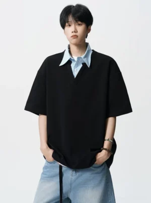 Black layered striped collar oversized polo tee for men with relaxed drop shoulder Korean streetwear fit