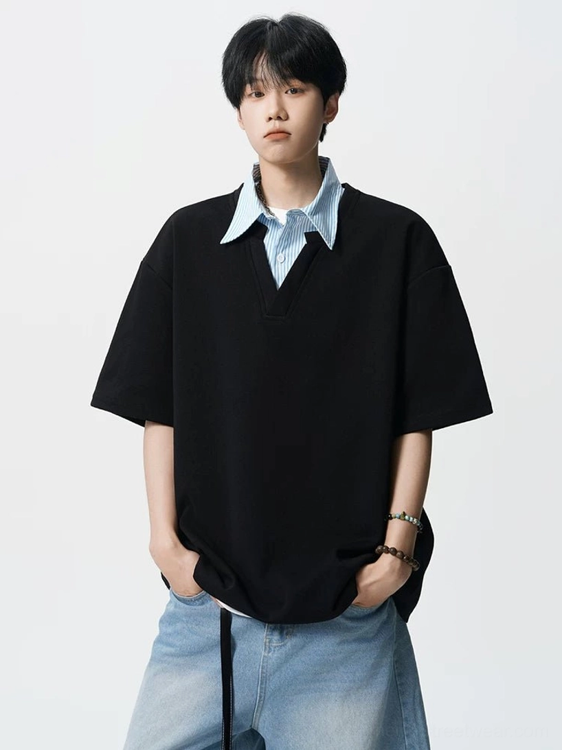 Black layered striped collar oversized polo tee for men with relaxed drop shoulder Korean streetwear fit