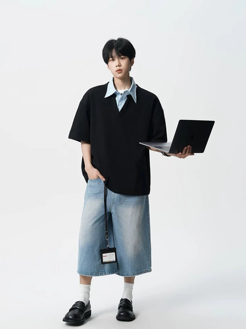 Full body black layered collar oversized polo tee for men styled with denim shorts and leather loafers