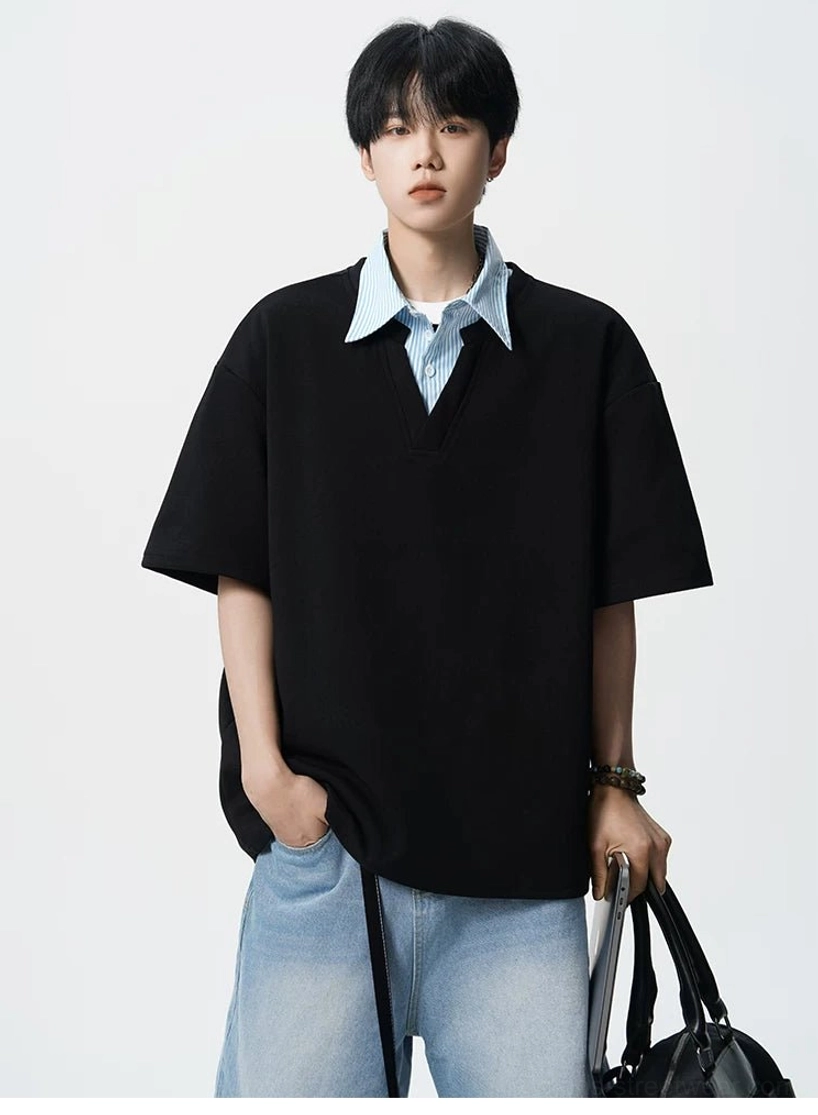 Black layered striped collar oversized polo tee for men paired with wide leg denim streetwear pants