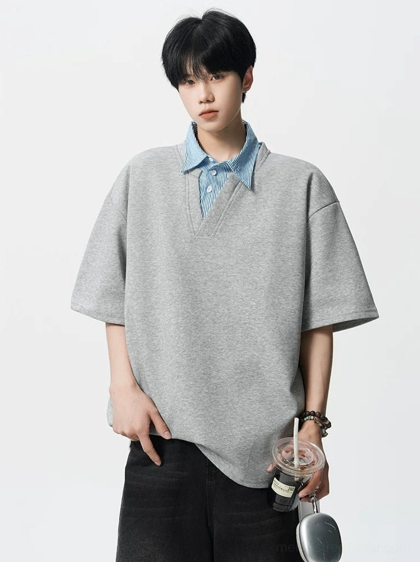 Heather gray layered striped collar oversized polo tee for men styled in a Korean streetwear studio look