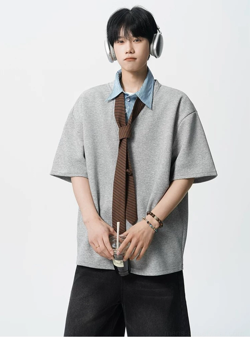 Heather gray oversized polo tee for men with layered striped collar and tie inspired Korean campus styling