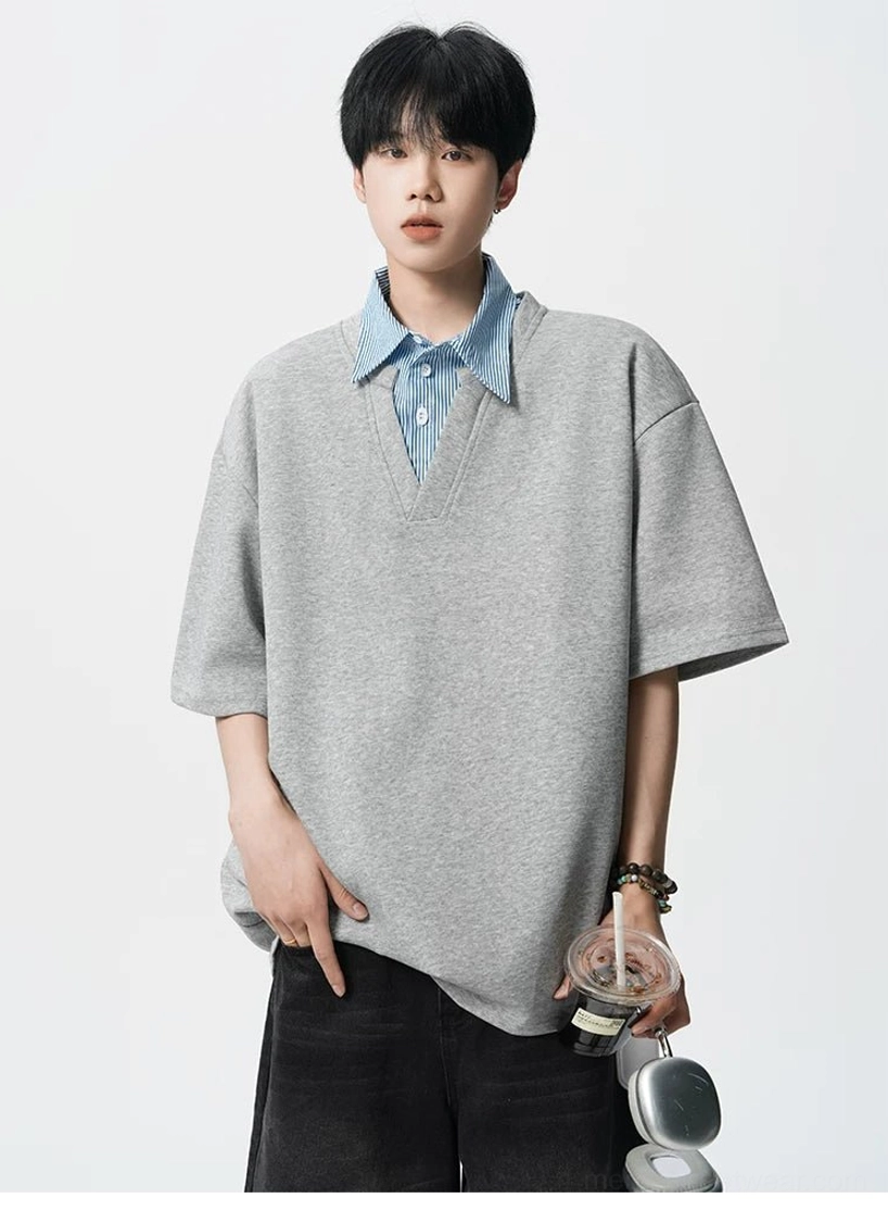 Oversized layered collar polo tee for men with striped shirt insert and Seoul fashion inspired design