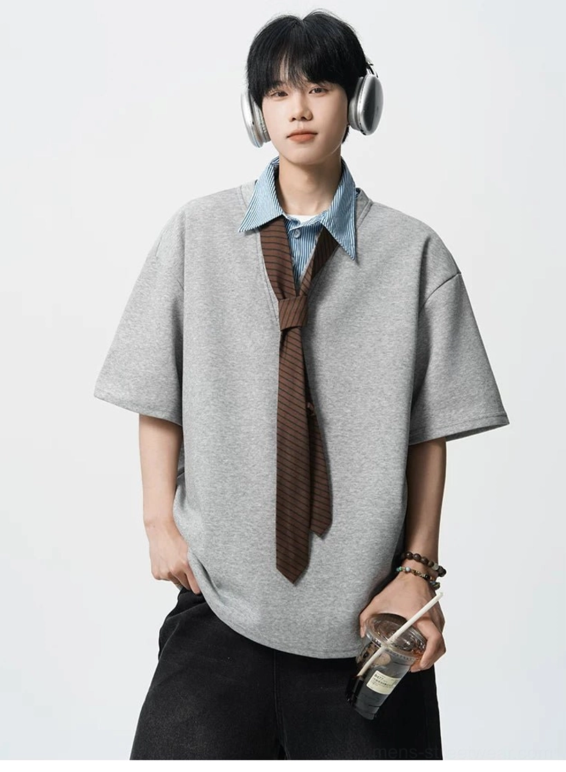 Layered striped collar oversized polo tee for men in a modern Korean streetwear product view
