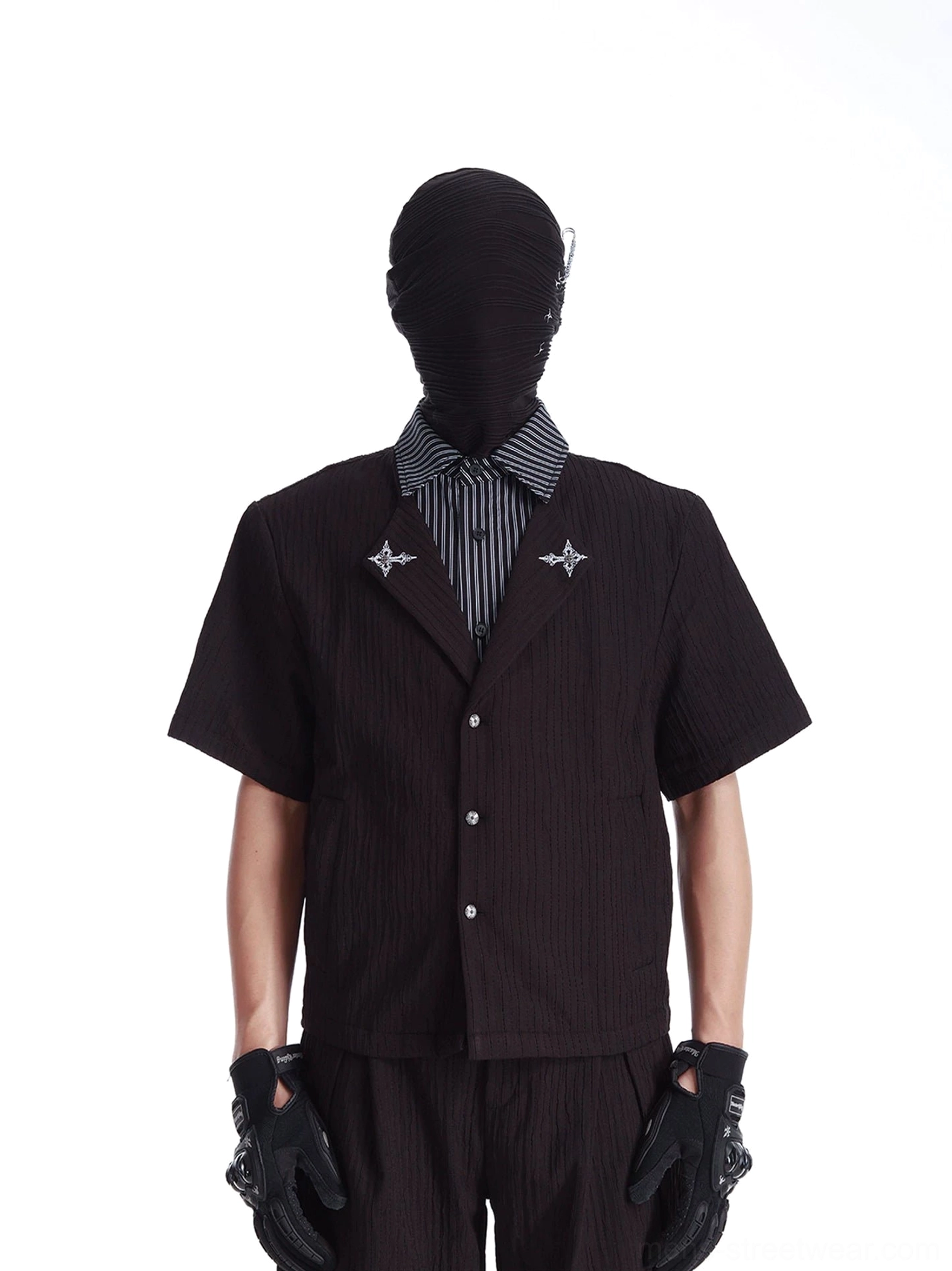 Black layered short-sleeve streetwear shirt with striped inner collar silver star details and textured vertical fabric front view