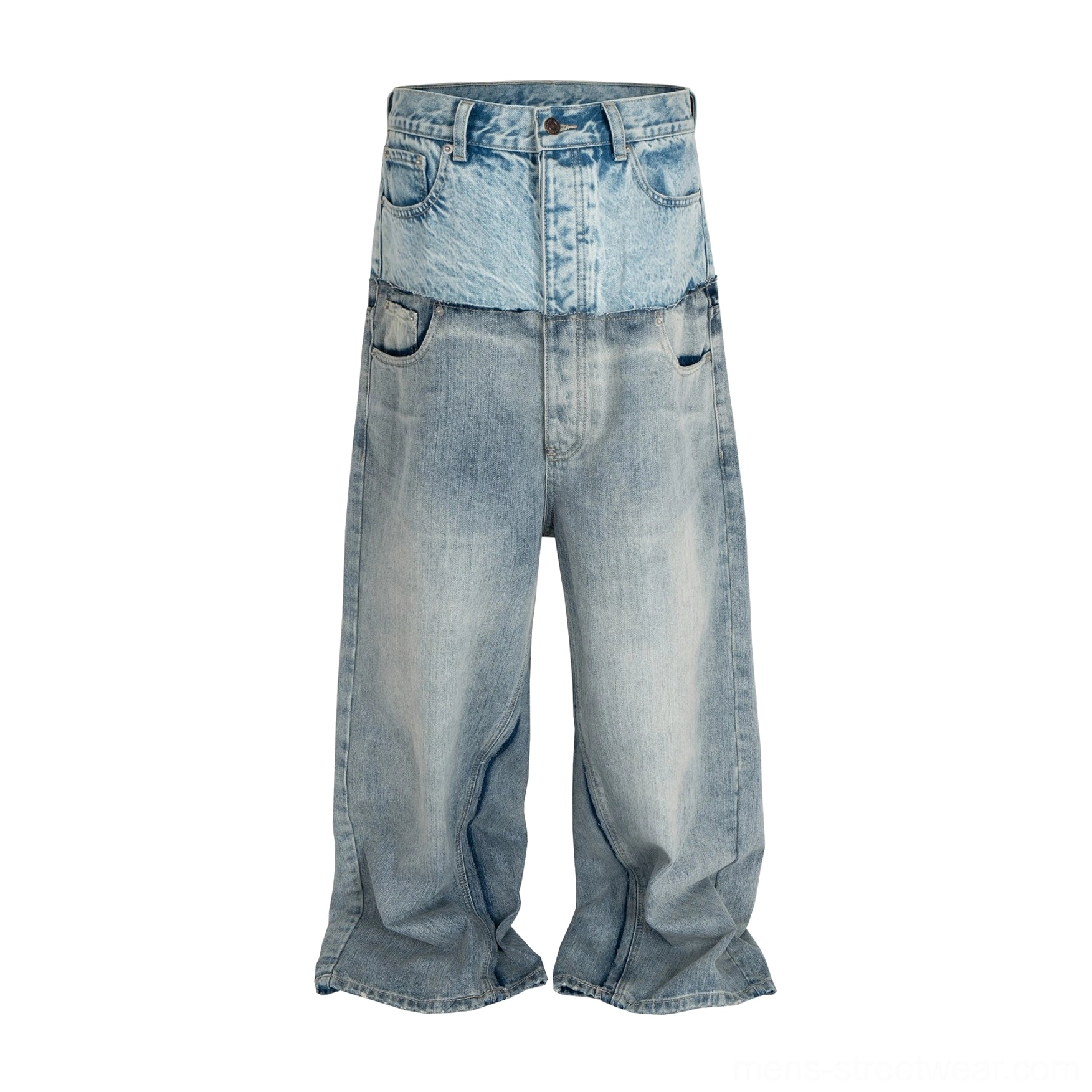 Flat lay front view of layered two tone high waisted baggy jeans showing faded blue wash five pockets and extra wide legs