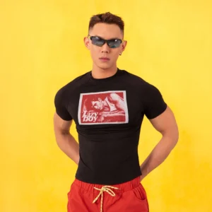 Front view of black Lazy Boy graphic fitted tee with red and white chest print worn with sunglasses in a Korean streetwear studio look