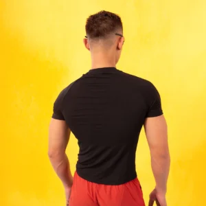 Back view of black slim-fit Lazy Boy graphic T-shirt showing the clean plain back and fitted short-sleeve silhouette