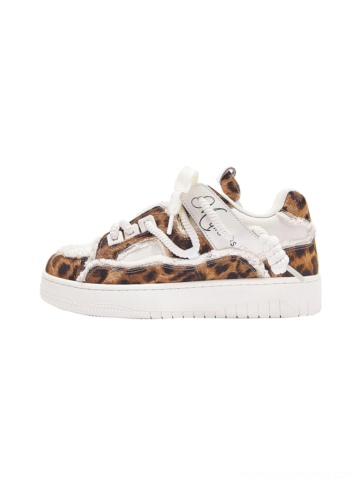Leopard deconstructed platform canvas sneakers shown in a full side profile with raw white canvas overlays frayed edges decorative laces and thick white rubber sole