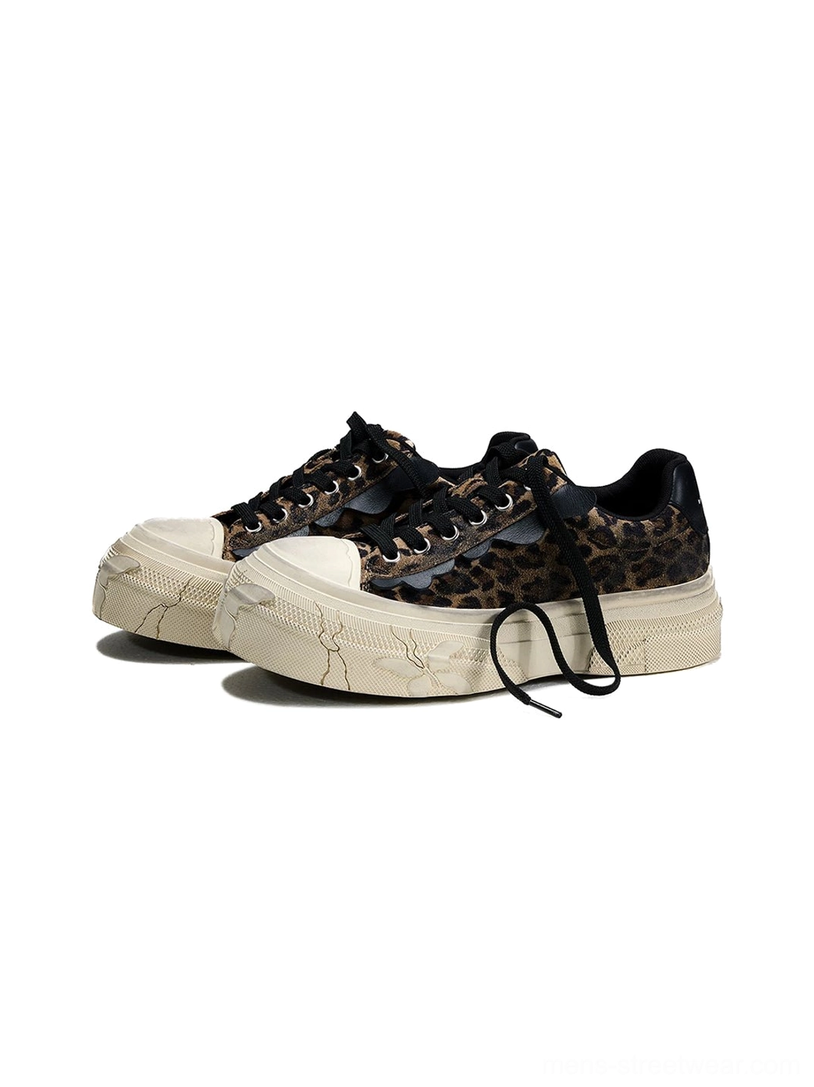 Side by side flat lay of leopard distressed platform canvas sneakers with black laces and vintage weathered soles
