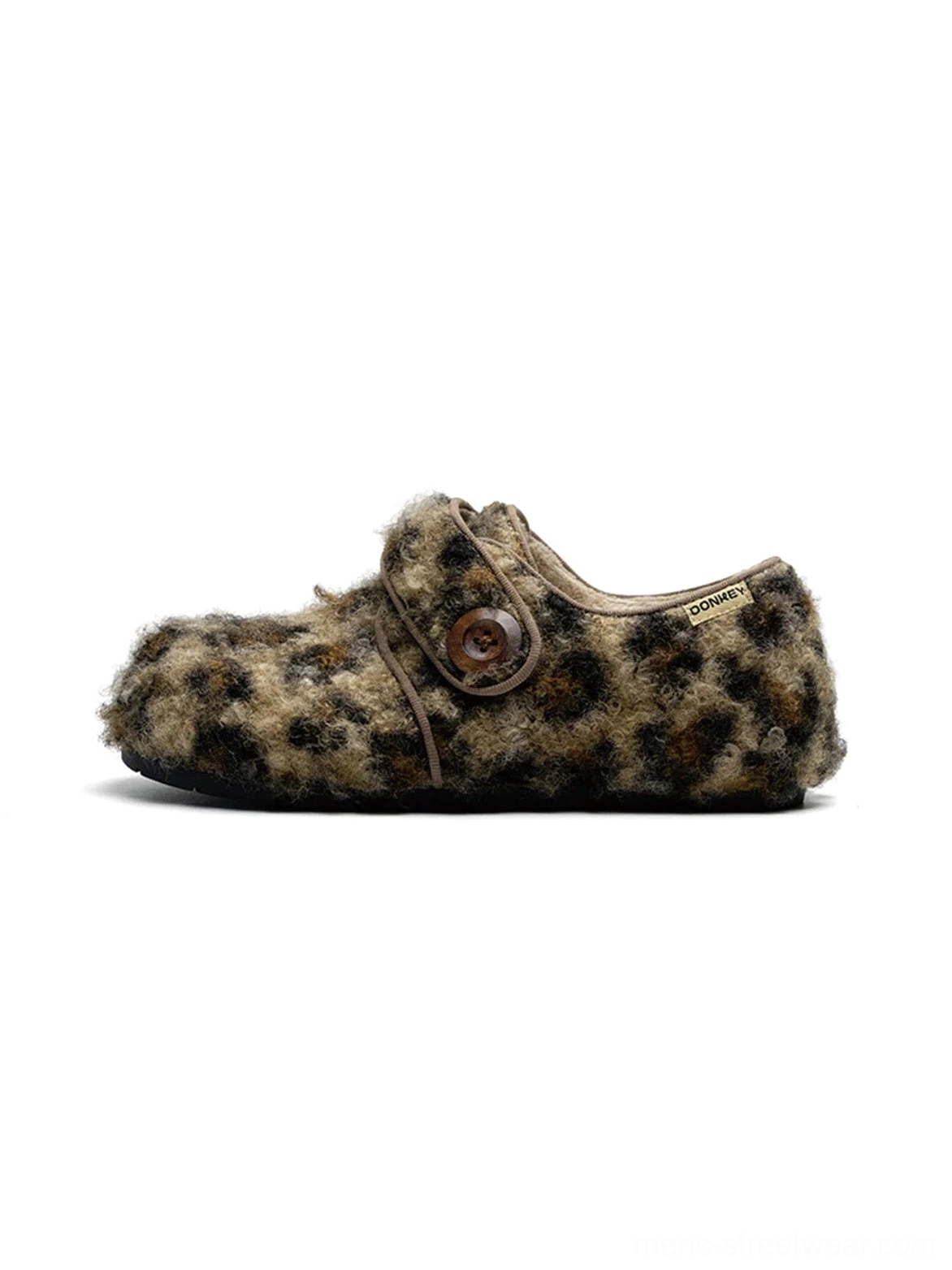 Leopard faux fur Velcro slip-on shoes with round toe, plush upper, button strap, and rubber sole side view