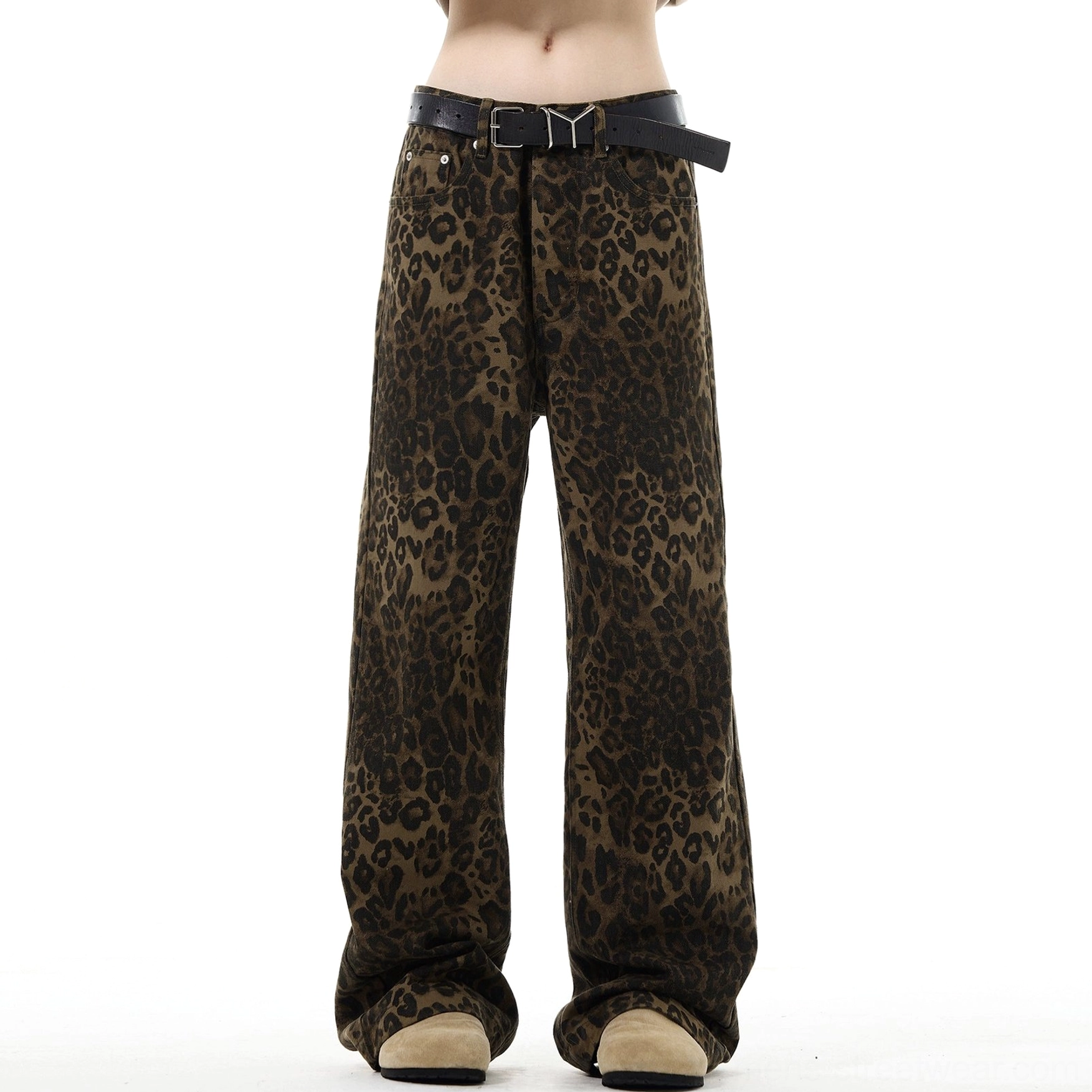 Leopard print high waist wide leg trousers close front view with belt loops and black leather belt