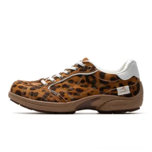 Leopard print retro runner sneakers with suede-look upper, white collar trim, layered panels, heel tags, and casual streetwear silhouette