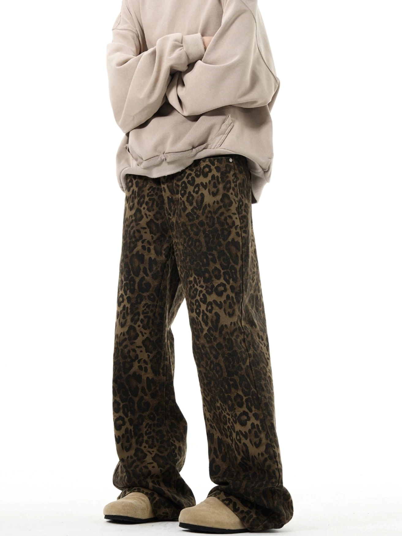 Leopard print wide leg denim trousers side view with loose streetwear leg fit