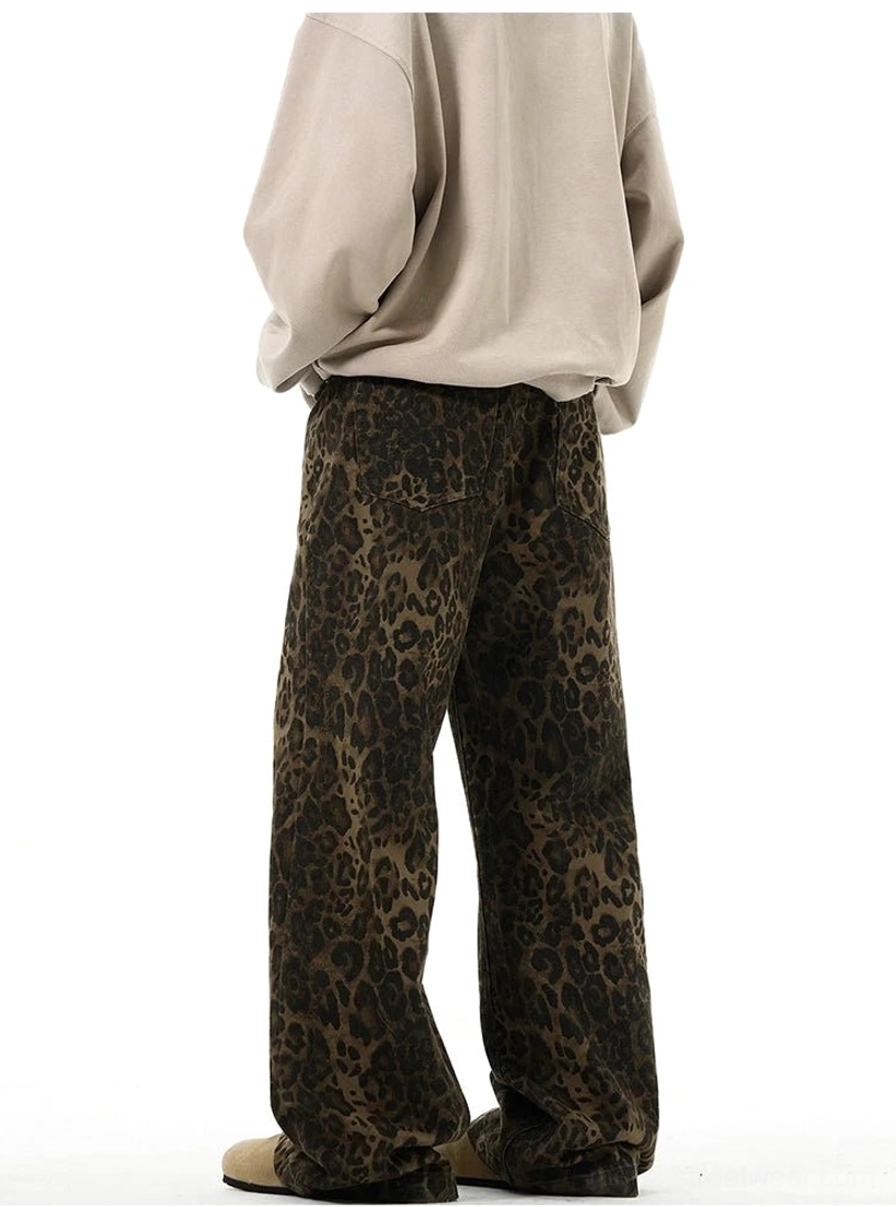 Leopard print wide leg trousers back view showing tailored waistline and rear pockets