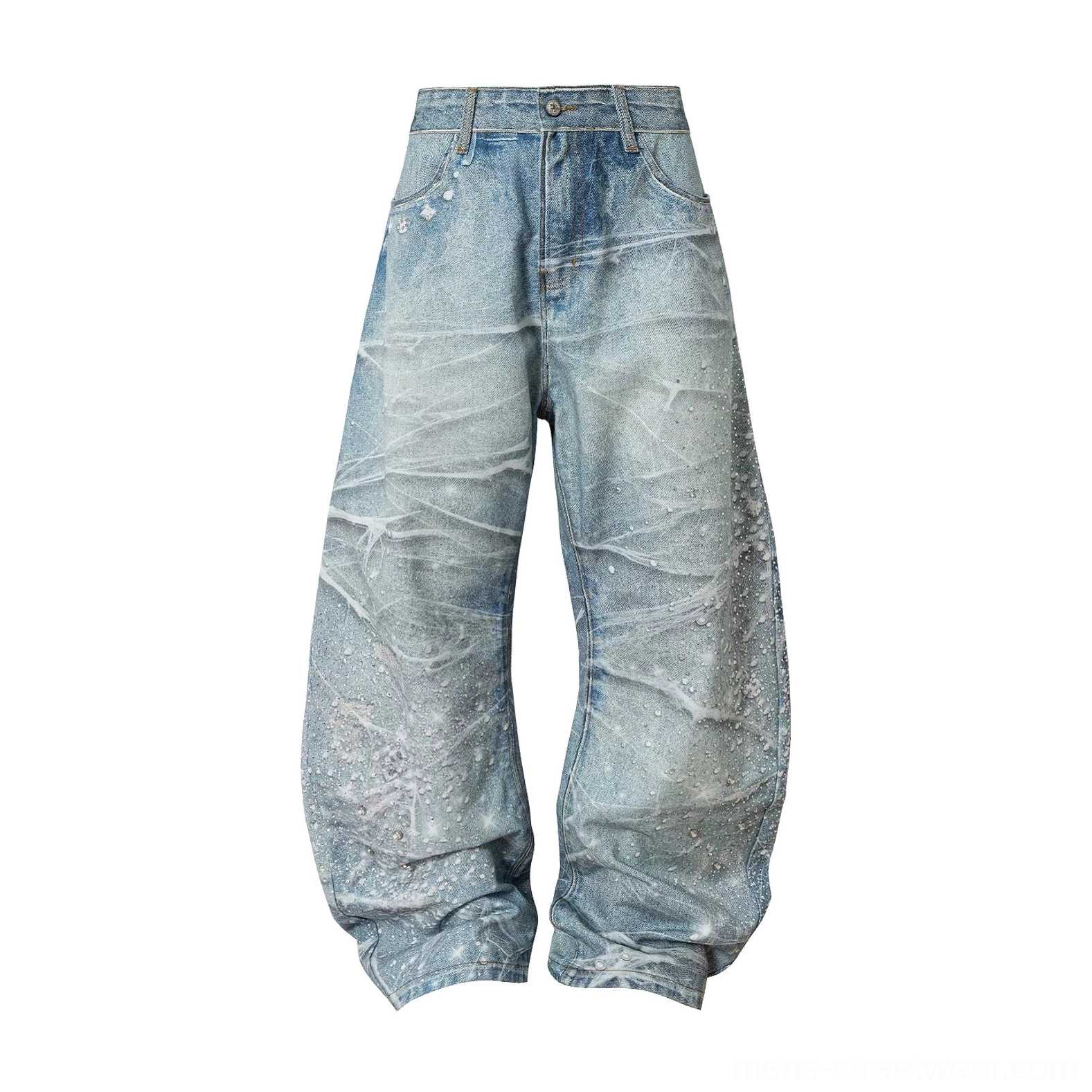 Flat lay front view of light blue crystal embellished wide leg jeans with five-pocket design, acid wash texture, scattered rhinestones, and extended oversized silhouette