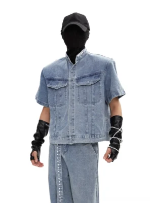Light blue Korean streetwear denim shirt and matching wide leg jeans set with stand collar vintage wash and rhinestone chain