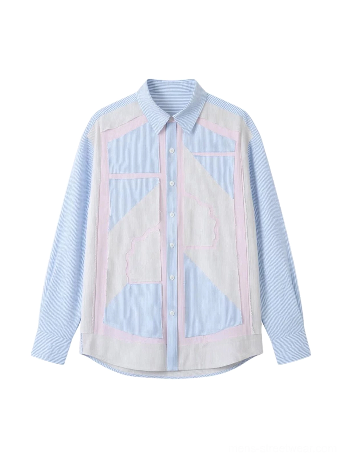 Flat lay of light blue oversized pinstripe shirt with off-white geometric patchwork and pink piping