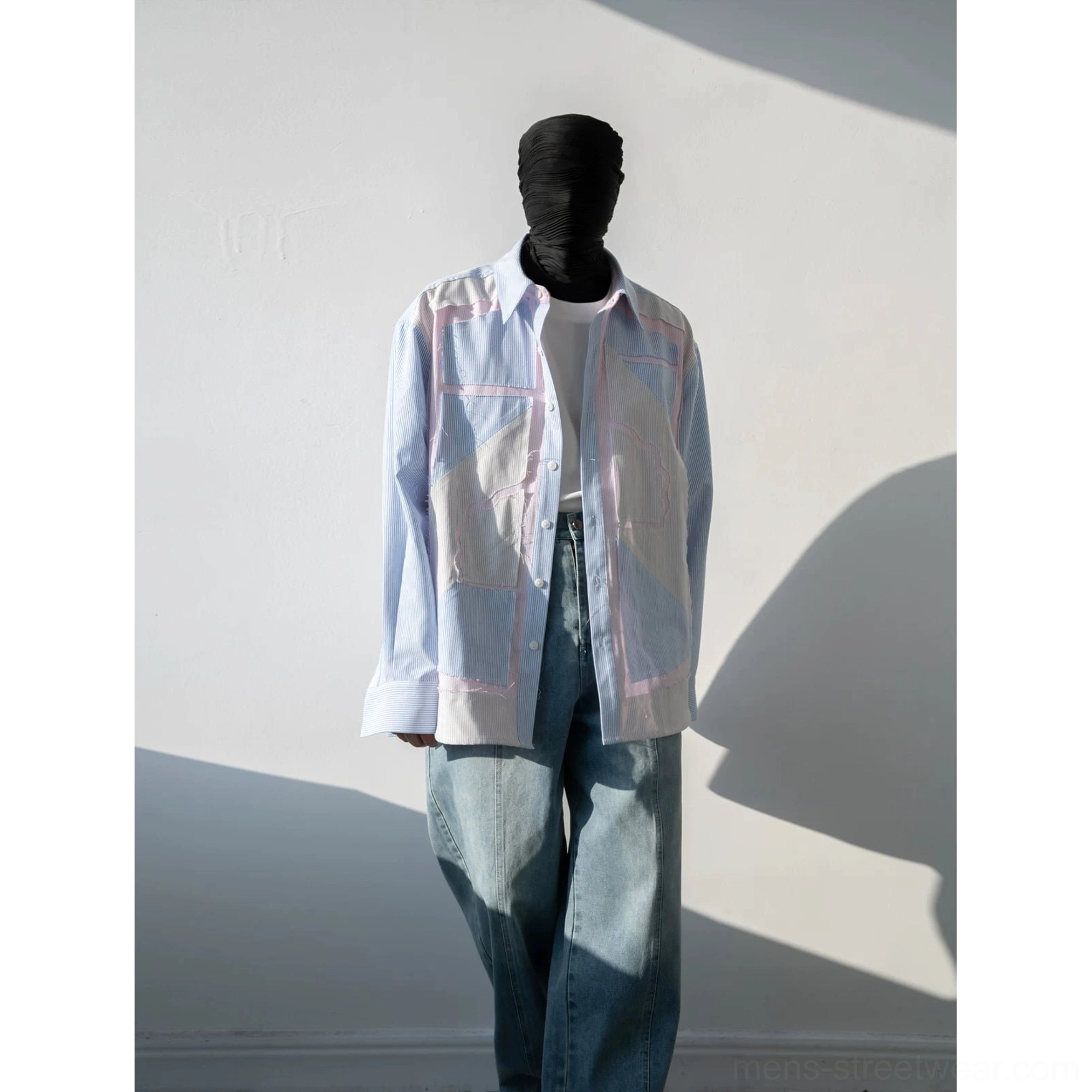 Light blue pastel geometric patchwork pinstripe oversized shirt product view