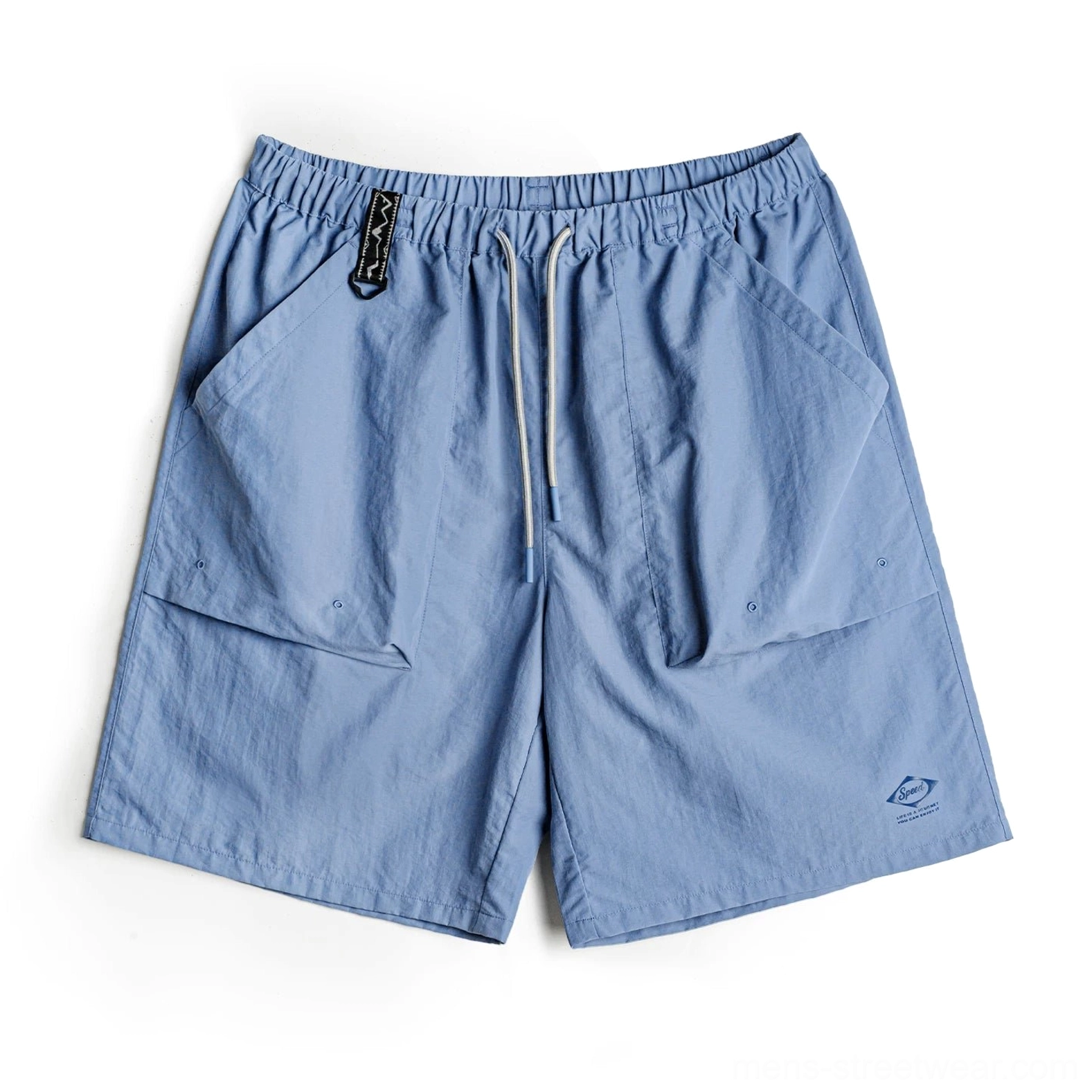 Light blue Taslon cargo shorts shown in a flat lay with elastic drawstring waist, large cargo flap pockets, matching utility buckle, and subtle lower hem marking