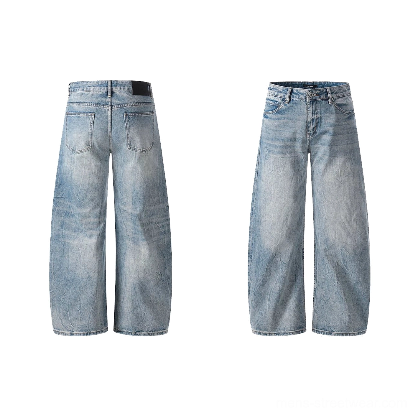 Light blue vintage wash barrel-leg denim jeans front and back flat lay showing wide-leg five-pocket construction