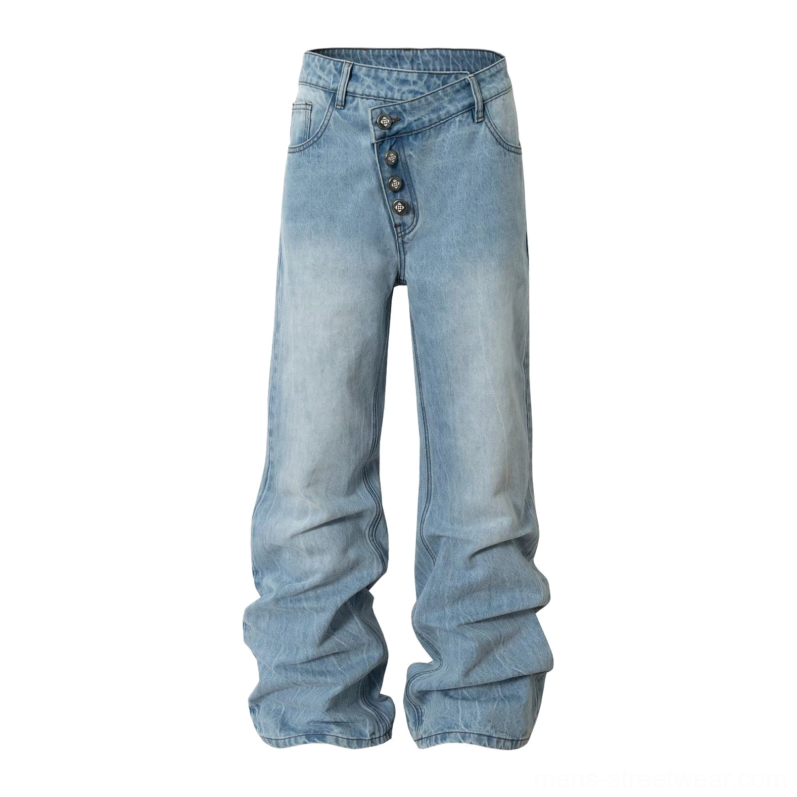 Light blue washed asymmetric crossover waist wide-leg denim jeans flat lay front view