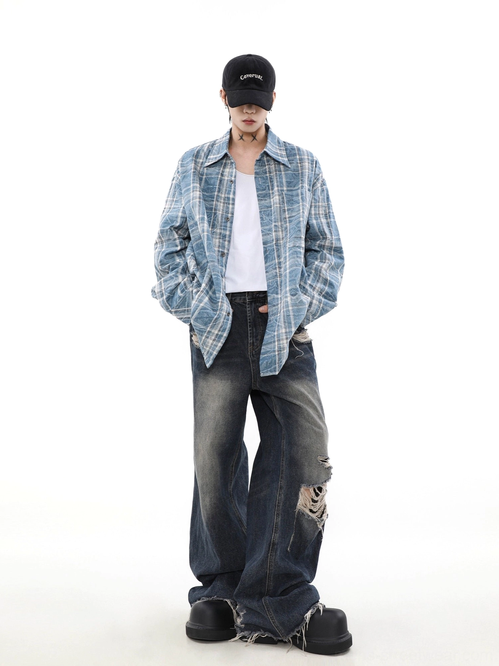 Light blue washed plaid overshirt styled with a white tee and wide-leg ripped jeans for relaxed Korean streetwear fashion