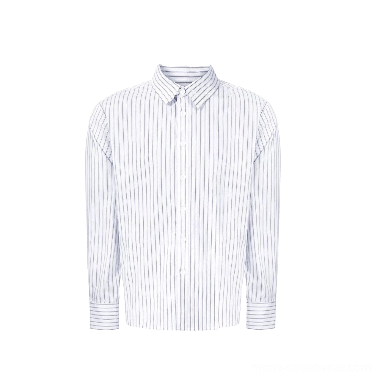 Flat lay view of a light blue and white vertical stripe Oxford shirt with pointed collar and full button front