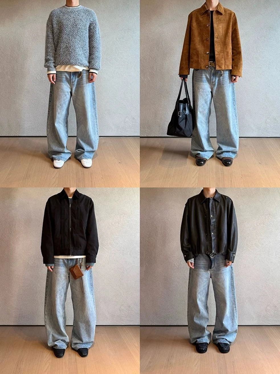 Four styling ideas for men's light blue washed wide leg denim jeans with knitwear, jackets, and layered streetwear outfits