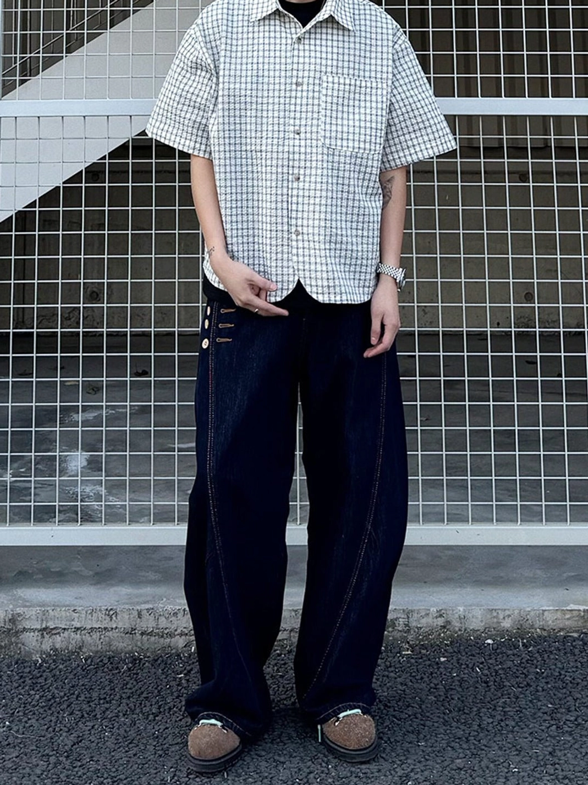 Light check oversized short sleeve plaid shirt with front chest pocket and wide leg decorative jeans