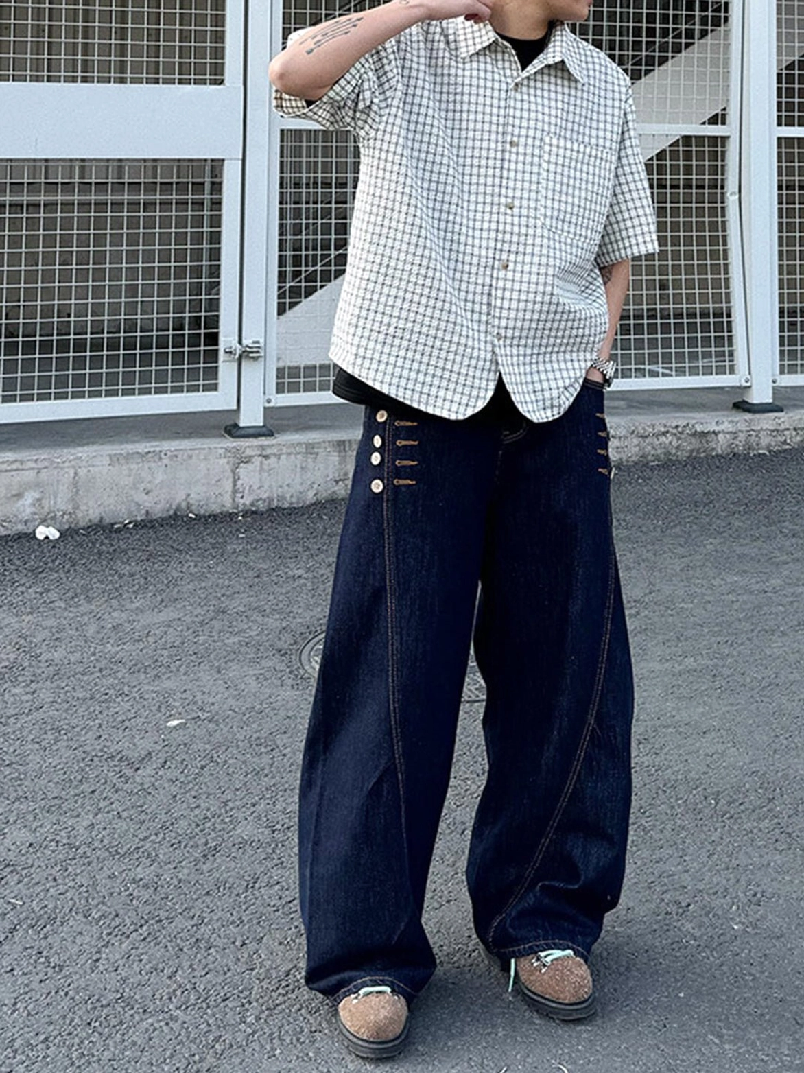 Light check oversized short sleeve button down shirt styled with wide leg decorative denim for casual Korean streetwear