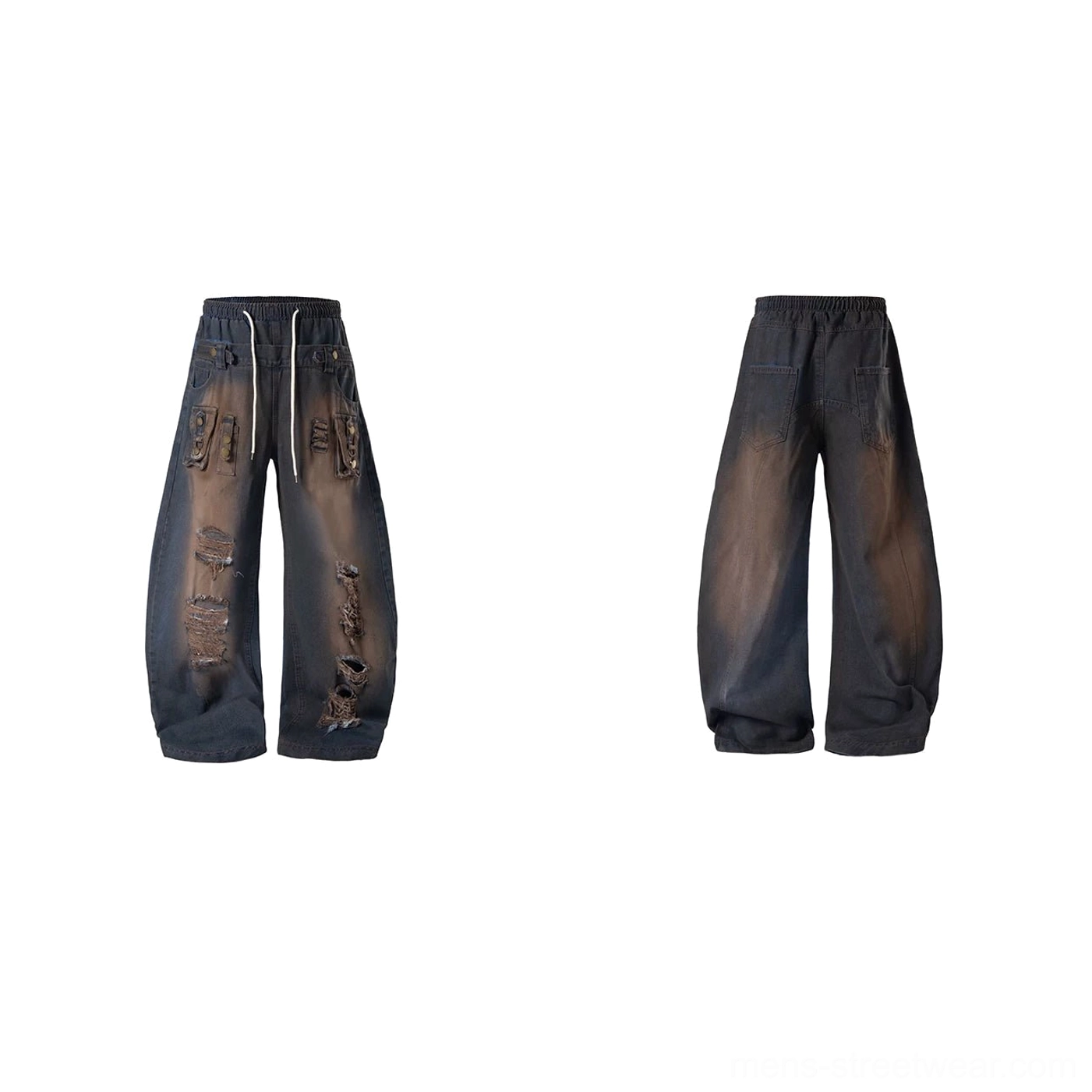 Flat lay view of light color distressed wide-leg denim cargo pants with faded gradient wash ripped side details and multiple pockets